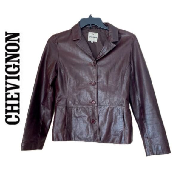 Y2K 90’s CHEVIGNON TRUCKER JACKET BLAZER COW GRAIN LEATHER MAROON SZ L VERSATILE - Picture 1 of 16